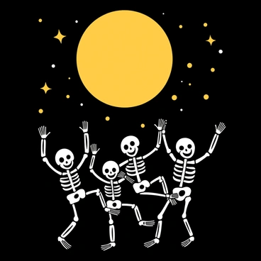 A group of light-colored skeletons with friendly expressions joyfully dancing together under a large, bright full moon. The skeletons are in various poses, some with arms raised, others holding hands, all displaying playful gestures. They are surrounded by a dark night sky filled with twinkling stars. The moon casts a soft light on the skeletons, highlighting their joyful movements and creating a whimsical atmosphere.