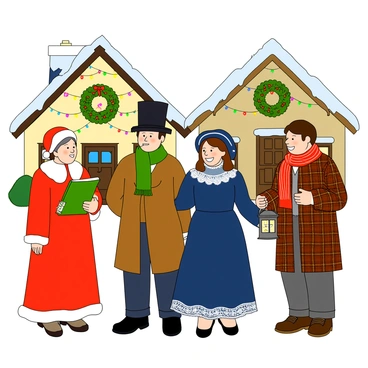 A group of five carolers standing together in front of two cozy, decorated homes. The carolers are dressed in vibrant, vintage clothing. One woman in a long, red coat with white fur trim holds a green sheet music book, while a man beside her wears a tall black top hat, a green scarf, and a long, brown overcoat. Another woman has a deep blue dress with lace trim and a matching bonnet, singing joyfully. Next to her, a man in a red scarf and plaid coat holds a lantern. The homes behind them are adorned with strings of colorful lights, wreaths on the doors, and snowy rooftops, creating a festive atmosphere.
