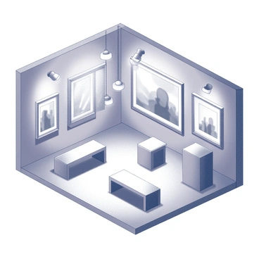 An isometric view of a small art gallery. The walls are adorned with several framed artworks, showcasing various styles and subjects. Each frame is distinct, with ornate detailing that enhances the visual appeal. Elegant light fixtures hang from the ceiling, casting soft illumination across the room. The flooring is polished, reflecting the light and adding to the overall ambiance. A few minimalist benches are placed strategically for visitors to sit and admire the artwork.