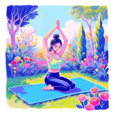 A woman is practicing yoga on a blue mat placed on the grass in a garden. She has long black hair tied up in a bun and is wearing a light green tank top and black leggings. The woman is in a tree pose, with one foot resting against her opposite thigh and her hands raised above her head in a prayer position. Surrounding her are colorful flowers, including roses and daisies, and tall green shrubs. In the background, there are leafy trees casting gentle shadows on the ground, and a clear blue sky overhead.