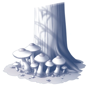 A cluster of mushrooms is located at the base of a large forest tree. The mushrooms vary in shape and size, with some having small, round caps while others are taller and more slender. The tree trunk is thick and textured, with visible bark patterns. The ground is covered in a layer of fallen leaves and twigs, providing a natural habitat for the mushrooms. Sunlight filters through the tree branches, casting dappled shadows around the cluster.