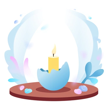 An egg-shaped candle holder made of ceramic sits on a wooden table. The candle inside is lit, casting a warm glow that illuminates the surrounding area. The room is dimly lit, with shadows dancing on the walls from the flickering candlelight. Soft, gradient pastel colors fill the background, enhancing the warm ambiance created by the candle holder. A few decorative elements, such as small plants or decorative stones, are scattered around the table, complementing the scene.