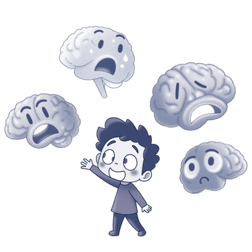 A cartoon representation of a person experiencing different emotions with the amygdala glowing in the background.