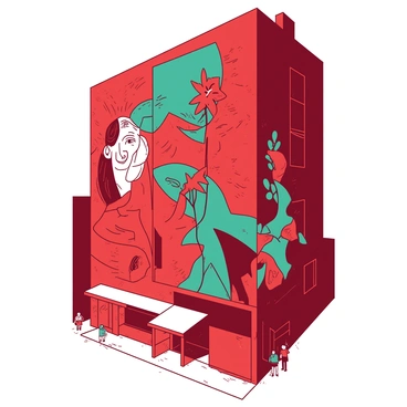 A red and teal street art mural covers the entire side of a tall building in an urban area. The mural features bold geometric shapes and abstract patterns that draw the eye. One section showcases a large, stylized figure with intricate details, while another part displays vibrant flowers intertwining with the shapes. The building itself has a slightly weathered texture, contrasting with the bright colors of the mural. Below the mural, a narrow sidewalk runs alongside the building, and a few pedestrians can be seen admiring the artwork.
