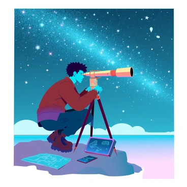 A young explorer with tan skin and short curly hair is crouched on a rocky outcrop, intently studying the stars through a brass telescope. The telescope is elegantly designed, with intricate engravings on its body. The explorer is wearing a rugged brown leather jacket, dark cargo pants, and sturdy hiking boots. Scattered around him are various maps and a glowing tablet displaying star patterns. Above him, the clear night sky is filled with countless twinkling stars, and the Milky Way stretches across the horizon, creating a breathtaking backdrop for his celestial mapping.