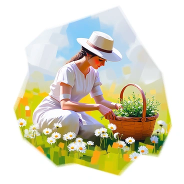 A Victorian herbalist with light skin and dark hair, dressed in a long, flowing dress typical of the era, is carefully gathering fresh herbs in a lush green field. She wears a wide-brimmed hat that casts a soft shadow over her face. The field is vibrant with various herbs, such as thyme and chamomile, each visible in clusters around her. The herbalist is kneeling on the ground, using both hands to gently pluck the herbs, while a wicker basket sits nearby, filled with her foraged finds. The background reveals a clear blue sky dotted with soft, white clouds.