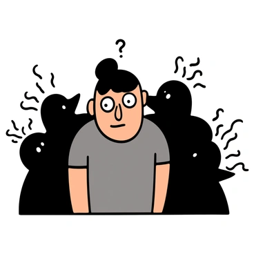 A person with light skin and short dark hair stands at the center, looking concerned. They have big eyes and are wearing a simple gray t-shirt. Surrounding them are several shadowy figures with indistinct features, appearing to lean in closely. The shadowy figures are dark and ethereal, with wisps that blend into the surroundings, each with an open mouth as if whispering softly. The scene conveys a sense of tension and unease as the person looks troubled by the whispers they are receiving.