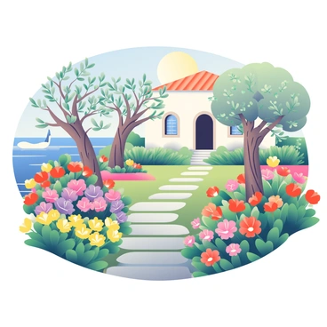 A Mediterranean garden is filled with a variety of vibrant flowers in shades of red, yellow, and purple. Olive trees with gnarly trunks and silvery leaves stand tall among the colorful blooms. In the background, there is a coastal villa made of white stone, featuring arched windows and a terracotta roof. A stone pathway winds through the garden, leading to the entrance of the villa. The sun casts warm light, enhancing the colors of the flowers and creating soft shadows on the ground. Nearby, the gentle waves of the sea can be seen glistening under the sunlight.