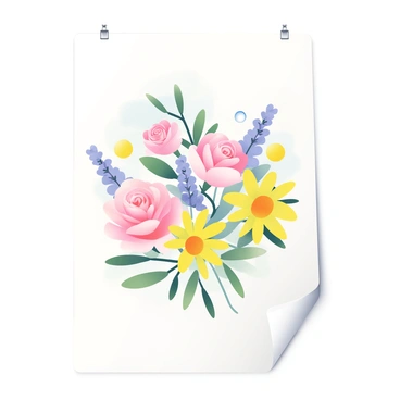 A flat A3 illustration board is displayed, showcasing an arrangement of delicate watercolor flowers. The flowers include soft pink roses, light purple lavender, and bright yellow daisies, each painted with intricate brush strokes that highlight their petals and leaves. The background features a gentle wash of pastel colors, blending softly to enhance the floral composition. Small droplets of water seem to glisten on some petals, adding a fresh, dewy effect. The edges of the board are slightly curled, indicating that it has been handled gently during the artwork process.