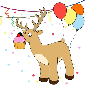 A cartoon-like elch with large antlers and a friendly expression, playfully balancing a colorful cupcake on its nose. The cupcake has pink frosting and a cherry on top. The elch has a light brown coat and big, expressive eyes. Surrounding the elch are vibrant party decorations, including colorful streamers hanging from above and a variety of balloons in bright colors like red, yellow, and blue floating around. Confetti is scattered on the ground, adding to the festive atmosphere. The scene conveys a sense of joy and celebration.