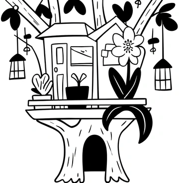 A "peace lily" with broad, glossy leaves and white blooms is positioned prominently on a wooden railing of a "whimsical treehouse." The treehouse has multiple levels, with slanted roofs and curvy windows, nestled among thick, leafy branches. A second potted plant sits beside the peace lily, displaying a contrasting shape. Surrounding the treehouse are hanging lanterns, adding an enchanting atmosphere. The scene is framed by the intricate details of the tree's bark and leaves, creating a harmonious blend of nature and structure.