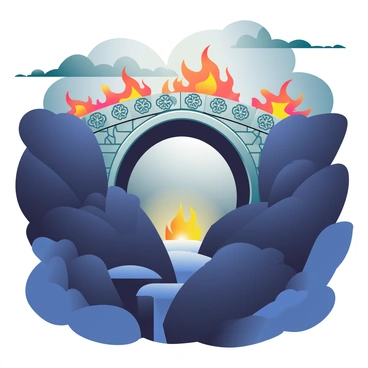 A gothic stone arch bridge, with ominous flames and dark clouds overhead