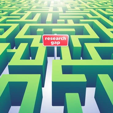 An intricate maze made of hedges is sprawling out in front of the viewer. The paths within the maze are lined with vibrant green foliage, creating a complex pattern that twists and turns. In the center of the maze, an exit sign is prominently displayed, labeled "research gap" in bold, white letters. The sign is illuminated, drawing attention to the potential for new discoveries ahead. Sunlight filters through the leaves, casting dappled shadows on the ground, enhancing the sense of depth and intrigue within the maze.