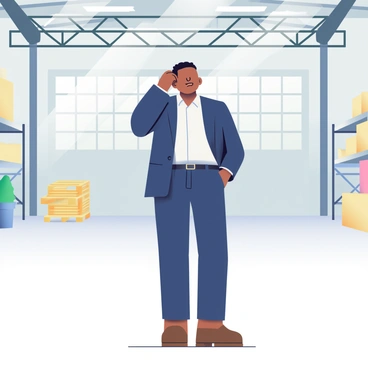 A businessperson with dark skin and short black hair is standing in the center of an empty warehouse. They are wearing a tailored navy blue suit and a crisp white shirt. The businessperson has a puzzled expression as they scratch their head with their right hand. The warehouse has high ceilings, and the concrete floor is bare with scattered light from large windows illuminating the space. Metal shelves can be faintly seen along the walls, and there are a few wooden pallets stacked in one corner.