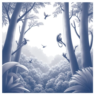 A view from the top of a jungle canopy with monkeys and colorful birds