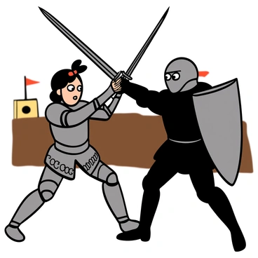 A close-up of "Jeanne d'Arc" with big eyes and short dark hair, wearing shining silver armor adorned with intricate designs. She is gripping a sword firmly, her face showing determination. Opposite her is a knight with big eyes and a strong build, wearing dark armor that contrasts with hers. He is also wielding a sword, preparing to clash with Jeanne's. The background features a blurred indication of a battlefield, enhancing the intensity of the moment as they engage in a dramatic duel.