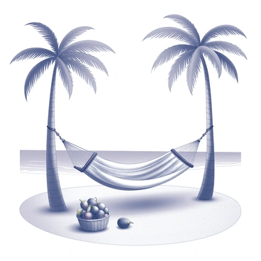 A hammock is suspended between two palm trees on a beach. The hammock is made of woven rope, appearing relaxed and inviting. Nearby, there is a woven basket filled with fresh passion fruits, their textured skins visible. The beach features fine sand stretching towards the horizon, with gentle waves lapping at the shore. The scene conveys a tranquil outdoor setting, highlighted by the natural elements surrounding it.