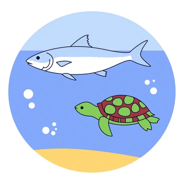 A silver tarpon with a streamlined body and large dorsal fin is swimming alongside a green sea turtle. The turtle has a patterned shell with shades of brown and green, gracefully gliding through the water. The clear blue waters reveal the sandy ocean floor below, and small bubbles are rising around the fish and turtle as they move through the scene. Sunlight filters through the water, casting shimmering patterns on the creatures.