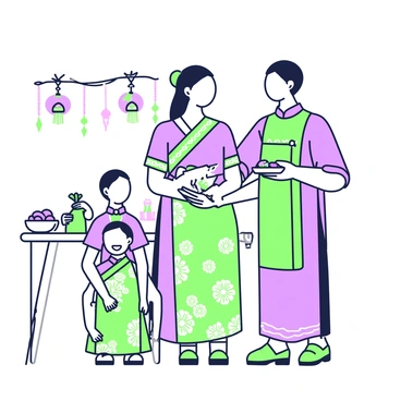 An Asian woman is wearing a colorful traditional dress, adorned with intricate patterns and decorations, while celebrating a seasonal festival. She is standing in a festive setting, surrounded by family members. To her right, there is a man wearing a complementary outfit, holding a small plate with festive treats. To her left, a young child is smiling widely, wearing a smaller version of the woman's attire. In the background, decorative lanterns are hanging, and there are decorative items on tables that reflect the celebratory atmosphere.