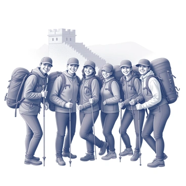 A group of modern explorers stands on the Great Wall of China, showcasing their hiking gear. They are arranged closely together for a group photo, with each explorer wearing a sturdy backpack and weather-appropriate attire. Some are equipped with trekking poles, while others have hats and sunglasses to protect against the sun. The Great Wall stretches in the background, with its stone structure forming a dramatic landscape in the distance. The explorers are smiling and posing enthusiastically, capturing the spirit of adventure and exploration.