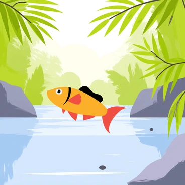 An angelfish swimming gracefully in a clear rainforest river. The angelfish has vibrant orange and black stripes across its body. Around the river, there are lush, green tropical plants with broad leaves arching over the water. The sunlight filters through the foliage, creating dappled patterns on the river surface. Small pebbles line the riverbed, visible through the crystal-clear water. The scene captures the tranquility and beauty of the rainforest environment.