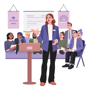 A young woman is confidently standing at a podium, presenting at a conference. She has wavy brown hair and is wearing a professional navy blazer over a white blouse, paired with black trousers. Her expression is animated, reflecting her passion as she gestures with her hands while speaking. The podium has a microphone and a small nameplate in front of her. The audience is visible in the background, showcasing a diverse group of individuals attentively listening. Some audience members are nodding in agreement, while others are taking notes. The setting includes banners on the walls with various conference themes displayed.