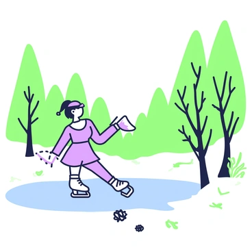A skater is practicing graceful moves on a frozen lake. The skater is wearing a fitted outfit that complements their movements. The ice reflects the skater's dynamic poses. Surrounding the lake, there are tall trees with branches reaching out. The trees are densely packed, providing a natural frame around the scene. The ground is covered with a light dusting of snow, enhancing the wintry atmosphere. A few scattered pinecones are visible near the edge of the lake.