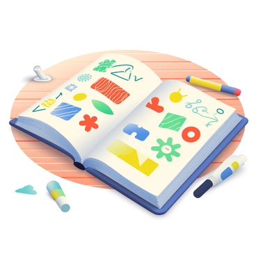An open sketchbook is lying on a wooden table, revealing pages filled with colorful doodles and drawings. The sketchbook has a soft cover with a textured finish and is prominently displayed in the center of the image. Various bright colors, including red, blue, yellow, and green, are used in the doodles, which range from abstract shapes to intricate designs. The wooden table has a natural grain pattern, adding warmth to the scene. Scattered around the sketchbook are a few colored pencils and markers, some capped and others laying on their sides, hinting at recent creativity. A soft light source casts gentle shadows, enhancing the details of the artwork and the textures of the table.