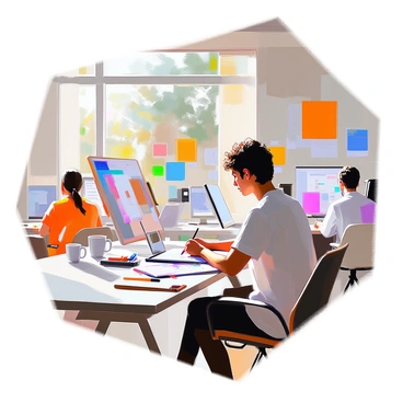 A lead graphic designer brainstorming ideas on a digital tablet in an open workspace