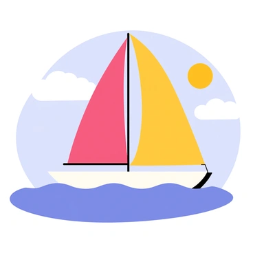 A catamaran with two large, brightly colored sails is gliding across the water. The sails are vibrant shades of red, blue, and yellow, catching the wind perfectly. The sun is shining in a clear blue sky, with a few fluffy white clouds scattered. The water is a deep blue, reflecting the colors of the sails. The catamaran has a sleek, modern design, with a white hull and a tall mast. Waves are gently lapping against the sides of the boat, creating a sense of motion and adventure.