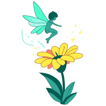 A teal fairy with delicate, shimmering wings is taking flight from a vibrant yellow flower. The wings are glowing with a sparkling effect, catching the sunlight as she ascends into the air. The flower, large and detailed, has bright yellow petals and a lush green stem. Around the flower, there are tiny sparkling particles that emphasize the magical moment of the fairy's departure.