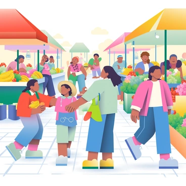 Transform a photo of a bustling street market into a lively and colorful illustration