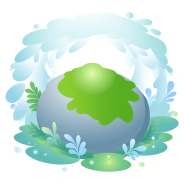 A large boulder is prominently placed in the center of a lush forest glen. The boulder is completely covered with bright green moss, creating a vibrant contrast against the rugged surface of the stone. Surrounding the boulder are various shades of green foliage, including ferns and small plants, which thrive in the shaded environment. Sunlight filters through the dense canopy of leaves above, casting dappled light onto the ground and highlighting the rich textures of the moss and surrounding vegetation.