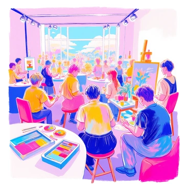 A group of contestants is gathered in a spacious room, each setting up their easels in front of a bright white wall. The contestants are focused on their illustrations, with palettes of vibrant colors beside them. Each easel holds a canvas featuring different scenes, such as landscapes, portraits, and abstract designs. The atmosphere is filled with excitement, as some contestants are exchanging glances and discussing their techniques. Brushes and pencils are scattered on the tables around them, reflecting their intense preparation and creativity. Bright lights illuminate the area, highlighting each artist’s unique style and perspective.
