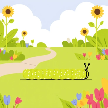 A bright green caterpillar with small, intricate patterns is slowly making its way across a vast garden landscape filled with vibrant flowers and lush green grass. The garden features tall sunflowers swaying gently in the breeze, and colorful petals of red, yellow, and blue flowers scattered throughout. In the background, there are leafy bushes and a pathway made of smooth stones leading deeper into the garden. A clear blue sky with fluffy white clouds can be seen above, creating a cheerful atmosphere for the caterpillar's journey.