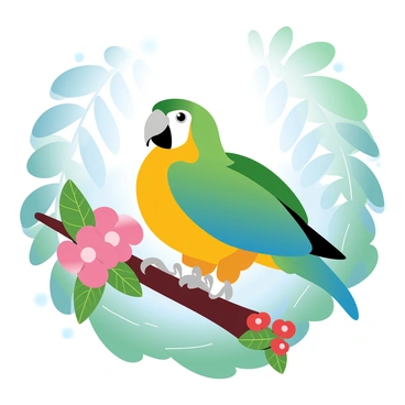 A vibrant parrot with bright green, blue, and yellow feathers is perched on a thick branch. The parrot's wings are slightly spread, showcasing the colorful plumage. Surrounding the parrot are lush green leaves and vibrant flowers with pink and red petals. Sunlight filters through the dense canopy above, creating dappled light patterns on the branch. In the background, various shades of green fill the scene, representing the rich foliage of the tropical rainforest.