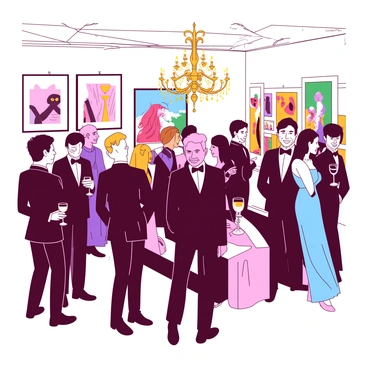 A group of guests dressed in formal attire is gathered inside the illustration museum. Men in sleek black tuxedos and women in elegant evening gowns are conversing and enjoying the ambiance. The museum walls are adorned with various colorful illustrations, showcasing a mix of styles and subjects. Some guests are holding champagne flutes while others are admiring the artwork on display. A large chandelier hangs from the ceiling, casting warm light over the scene, creating a lively atmosphere filled with laughter and conversation.