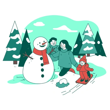 A teal winter landscape is covered in freshly fallen snow. In the foreground, a family is constructing a large snowman, with the snowman adorned with a red scarf and a cheerful smile made from stones. The parents carefully shape the snow while two children, wearing bright red winter jackets, are gleefully sledding down a small hill nearby. The children are laughing and enjoying the crisp winter air, their sleds leaving tracks in the snow. In the background, snow-covered trees provide a serene setting for this cozy winter scene.