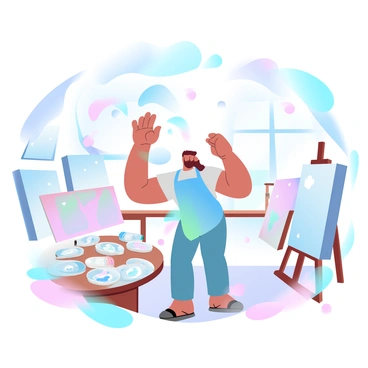 An artist is skillfully juggling multiple paintbrushes and vibrant color palettes in a lively studio. The artist is wearing a colorful apron and surrounded by splashes of paint on the walls. Various canvases with unfinished artworks are propped against the studio walls, showcasing a range of colors and textures. Brightly colored paint tubes are scattered across a wooden table, and a easel stands in the corner with a half-finished painting. Sunlight pours in through a large window, illuminating the joyful atmosphere of creativity.