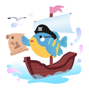 A cartoon fish wearing a pirate hat and an eye patch is standing confidently at the helm of a small wooden ship. The fish has a bright, colorful body, with stripes and fins that flow with the wind. In its fin, it holds an old treasure map, which is partially unrolled and features drawings of an island and an "X" marking the treasure location. The ship’s sails are billowing in the breeze, and a few seagulls can be seen flying in the background. The ocean water is a gradient of pastel colors, creating a vibrant and whimsical scene.
