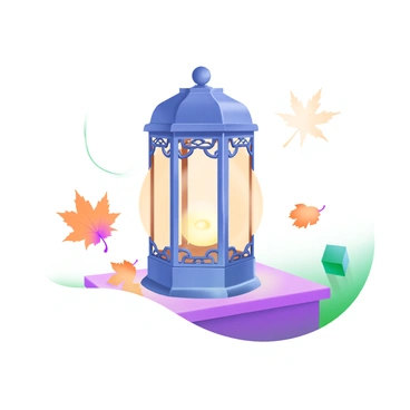 A traditional lantern featuring a pentagon-shaped frame with intricate metalwork. The glass panels of the lantern emit a warm, soft glow, illuminating the surrounding area. The base of the lantern rests on a wooden table, showcasing its craftsmanship. Delicate shadows are cast by the lantern's light, creating a cozy atmosphere. A few autumn leaves are scattered around the base, adding a touch of nature to the scene.