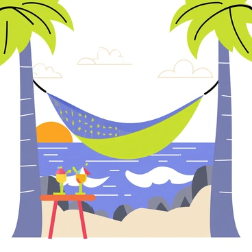 A colorful hammock is strung between two sturdy trees on a clifftop. The hammock is made of vibrant fabric with patterns in blue and green. Below the cliff, waves crash against rocky shores, creating a dynamic view of the ocean. The sky is dotted with fluffy white clouds, and the sun is setting, casting warm orange and pink hues across the horizon. Nearby, a small wooden table holds a pair of tropical drinks with colorful umbrellas, completing the inviting scene.