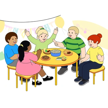 A group of four children is sitting around a small, round table. Two boys and two girls are engaged in lively conversation. One boy has curly brown hair and is wearing a bright blue t-shirt. The other boy has short blonde hair and is dressed in a green striped shirt. One girl has long black hair tied in a ponytail, wearing a pink dress, while the other girl has short red hair and is in a yellow t-shirt. The table is filled with various snacks, including colorful fruit slices, cookies, and a bowl of popcorn. The children are smiling and animated, with one girl pointing at a cookie while the others lean in to listen. They are seated on small, colorful chairs, and the background features cheerful decorations, like balloons and drawings on the wall.