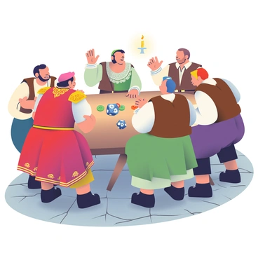 A group of five people is gathered around a large wooden table, engaging in an intense dice game. The players, dressed in historical garments, include a man in a flowing red tunic with intricate gold embroidery, a woman in a green dress with lace trim, and three men wearing brown leather vests over white linen shirts. The stone floor beneath them is aged, with visible cracks and a rough texture. On the table, there are several colorful dice, some displayed on their sides showing various numbers, and a few scattered coins. The expressions of the players are focused and excited, as they lean over the table, with one man raising his hands in triumph over a recent roll. In the background, a flickering candle casts a warm glow, enhancing the ambiance of the historical setting.