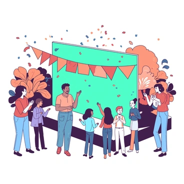 A teal stage is decorated with vibrant orange banners and streamers. Attendees stand in front of the stage, sharing their testimonials with enthusiastic expressions. Some audience members are clapping and smiling, while others are engaged in conversation. Colorful confetti is falling from above, adding a festive atmosphere. The background features large, bright floral arrangements that complement the decorations. The overall scene captures the energy and excitement of a lively festival.