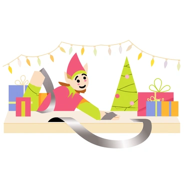 An elf on the shelf with pointy ears and a red and green outfit is unrolling a long piece of shiny silver tape. The elf has a mischievous expression on its face as it prepares for a playful prank. The tape stretches across a light wooden table, with colorful wrapped gifts stacked nearby. In the background, there are twinkling fairy lights and a small Christmas tree. The scene is filled with holiday decorations, creating a festive atmosphere.