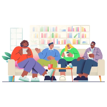 A cozy living room features a group of four people gathered in a semi-circle, engaged in a lively discussion about books. There is a woman with curly brown hair wearing a red sweater, holding a paperback book. Next to her, a man with short black hair in a blue cardigan is animatedly speaking, gesturing with his hands. Across from them, a woman with long blonde hair in a green sweater is listening intently, while a man with glasses and a plaid shirt takes notes on a notepad. The room is warmly lit, with a large bookshelf filled with various books in the background. A soft beige sofa, accompanied by a colorful throw blanket, is positioned in the center, and a small wooden coffee table holds mugs and snacks. A potted plant is placed in the corner near the window, adding to the inviting atmosphere.