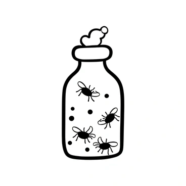 A transparent vial with a cotton stopper is placed on a flat surface. Inside the vial, several Drosophila are visible, with their bodies in various orientations. The vial's glass has a smooth surface, reflecting light. The cotton stopper sits snugly at the opening, with its fibers slightly protruding. The interior of the vial features a few small food particles scattered around, providing a natural habitat for the Drosophila.