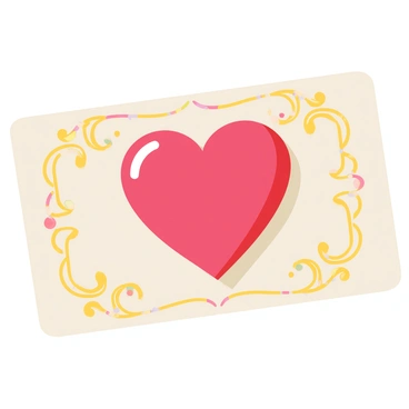 A heart placed prominently in the center of an old-fashioned postcard. The heart is deep red with a glossy finish. Surrounding the heart are intricate decorative borders featuring swirling patterns in gold and pastel colors. The background of the postcard is a soft cream color, enhancing the vintage feel. The corners of the postcard are rounded, adding to its classic design.