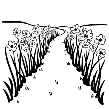 A narrow path winding through a field filled with blooming "evening primroses". The flowers are depicted with their delicate petals open wide, showcasing their distinctive shapes. The path is bordered by clusters of "evening primroses" on both sides, creating a tunnel of flowers. The scene is framed by tall grass swaying gently along the edges of the path. The ground is textured with earthy details, leading the eye through the landscape.
